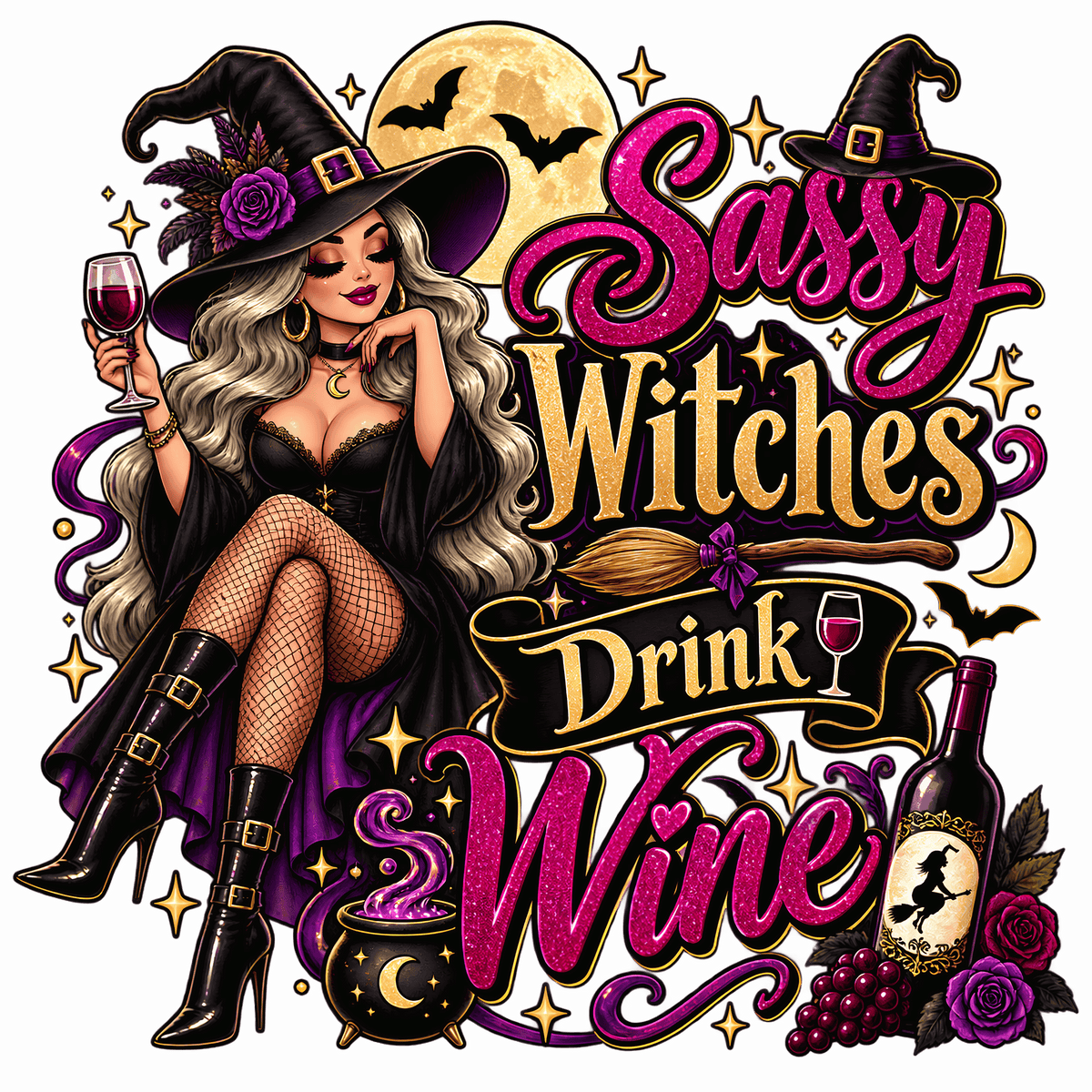 Sassy Witches Drink Wine