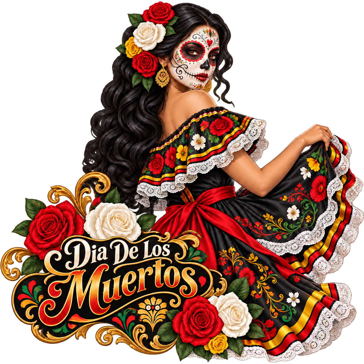 Día de los Muertos Catrina Red White Rose T-Shirt