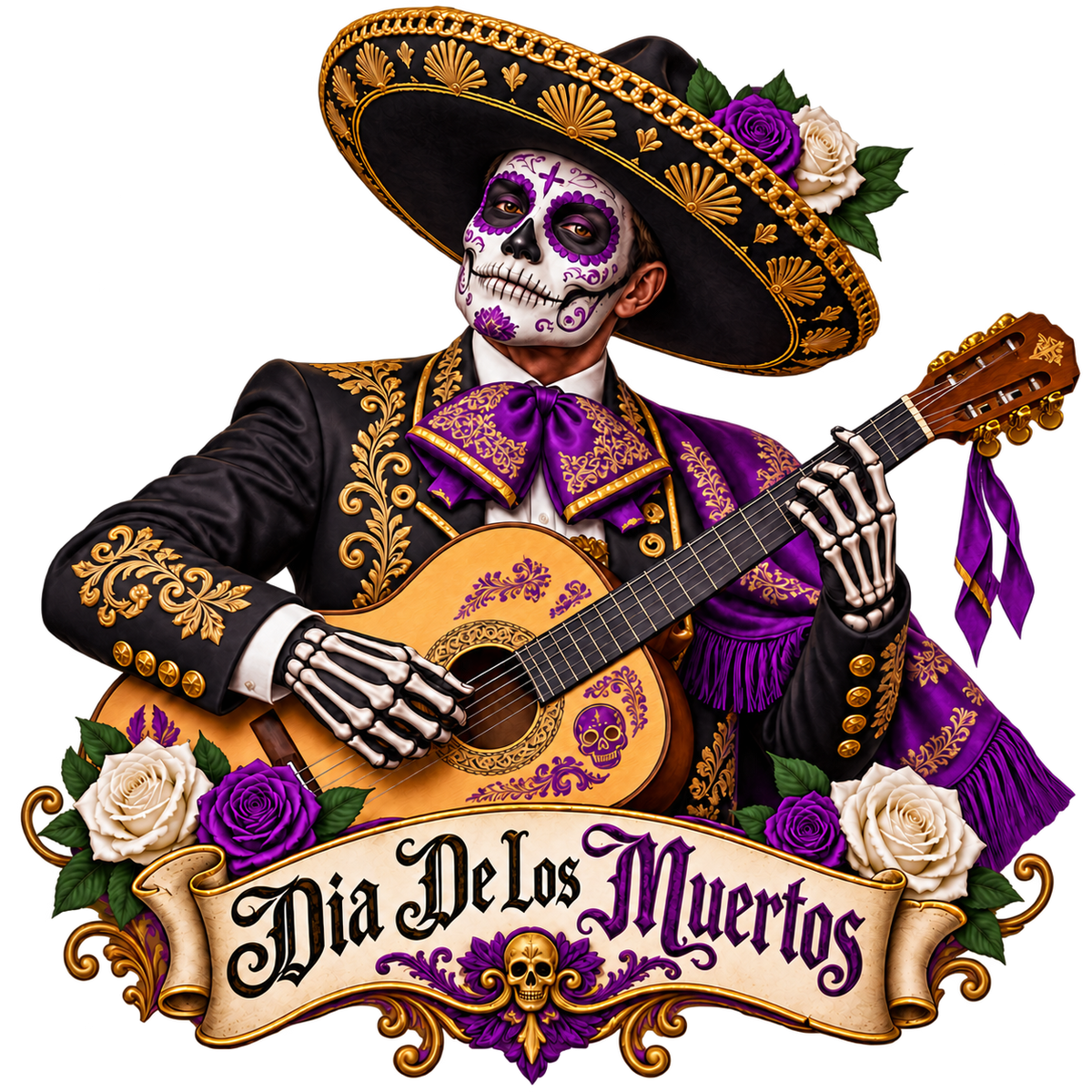 Día de los Muertos Purple Gold Guitarist T-Shirt