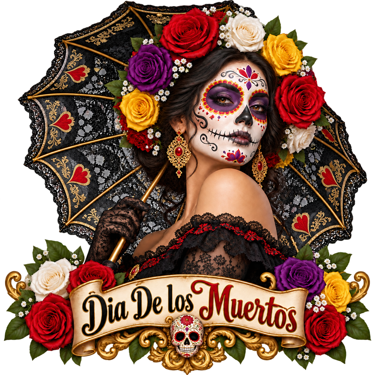 Día de los Muertos Catrina Rose Parasol T-Shirt