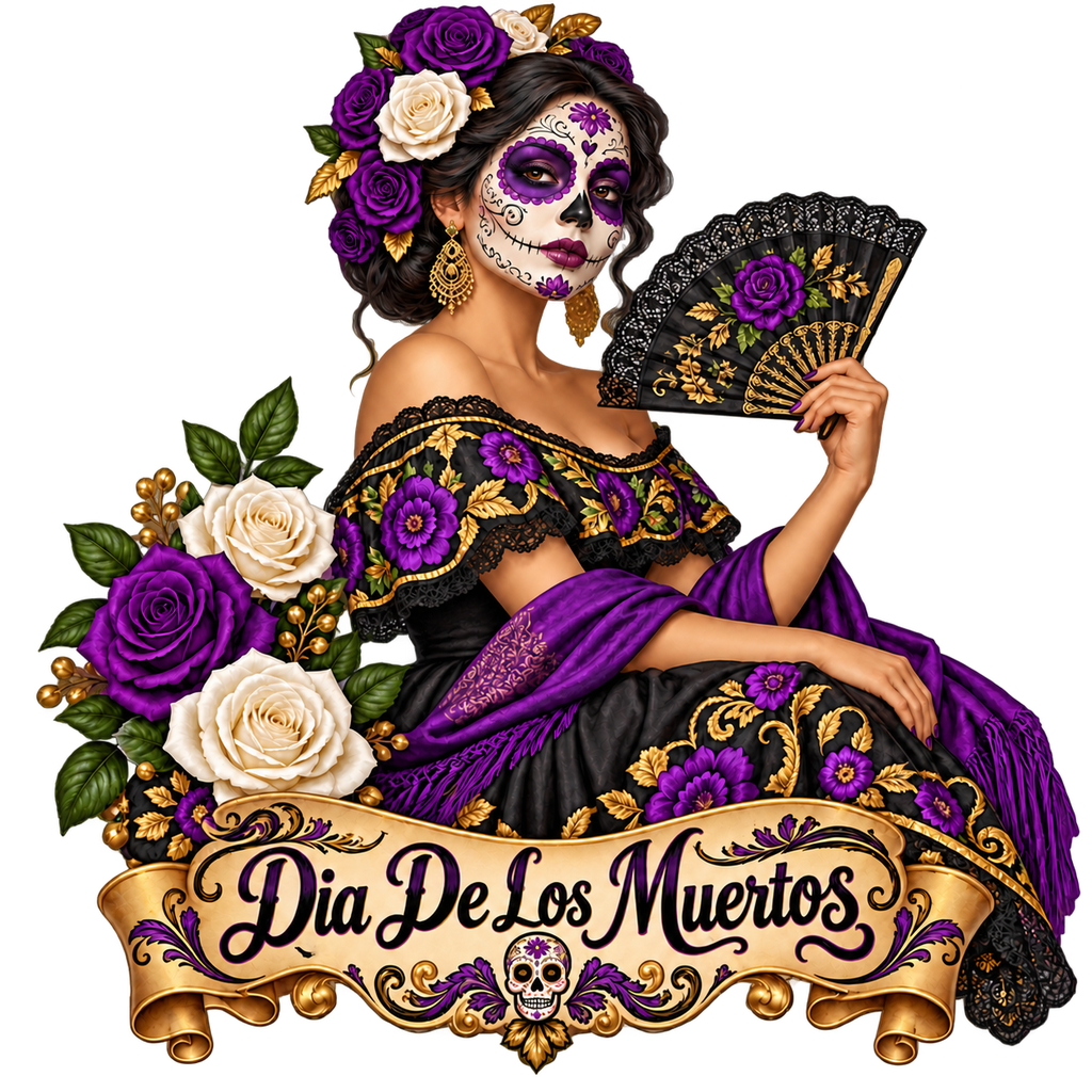 Día de los Muertos Purple Rose Catrina Fan T-Shirt