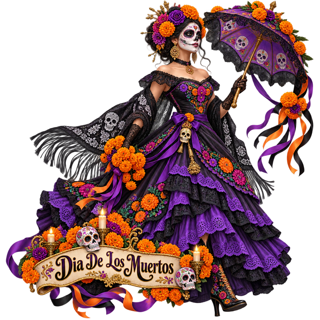 Día de los Muertos Purple Catrina Marigold Parasol T-Shirt