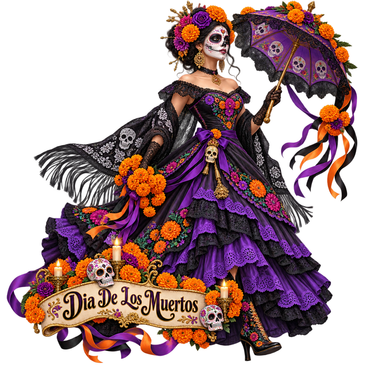 Día de los Muertos Purple Catrina Marigold Parasol T-Shirt