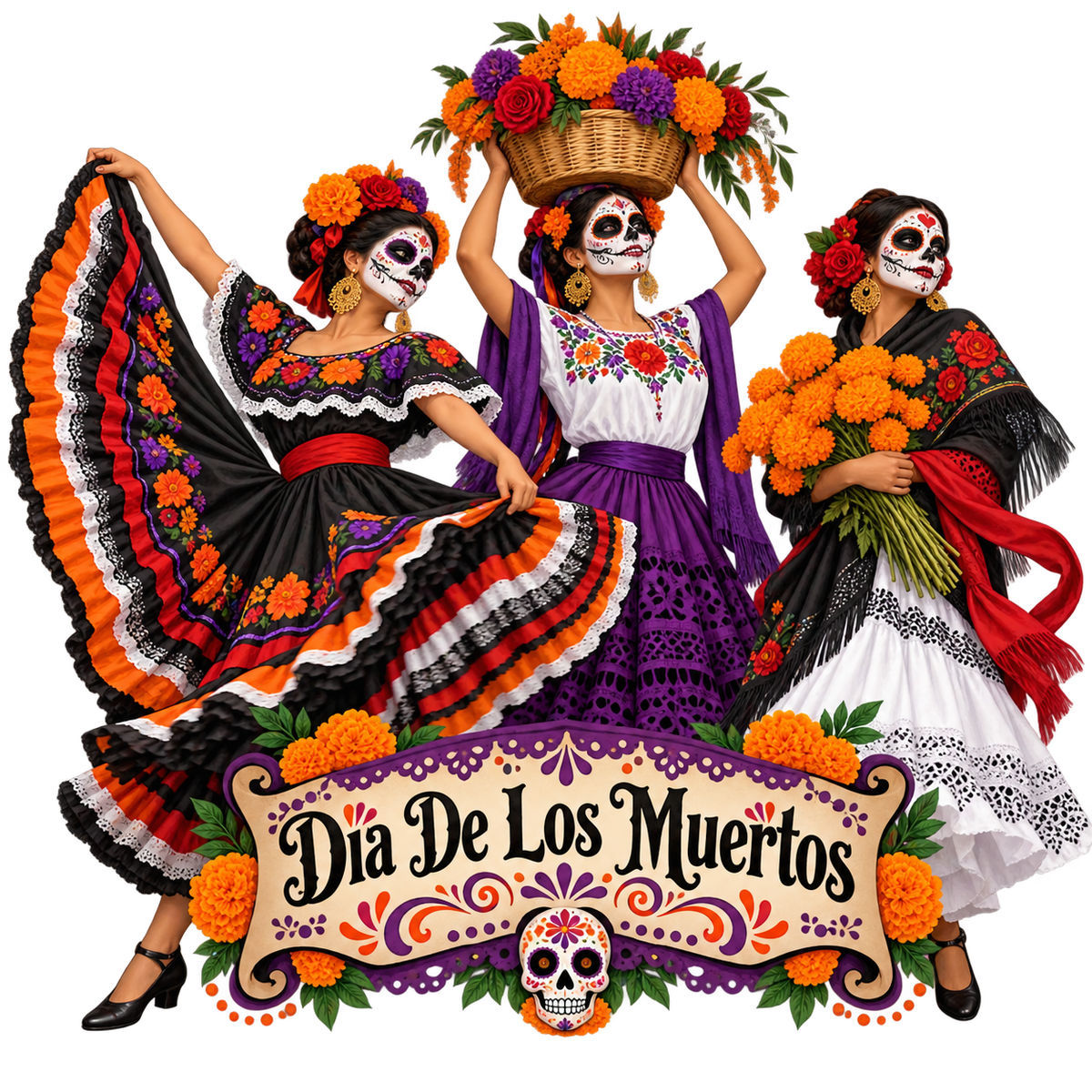 Día de los Muertos Three Women Marigold Celebration T-Shirt