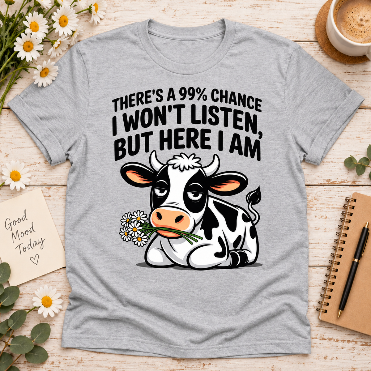 Unimpressed Cow with Daisies Funny T-Shirt