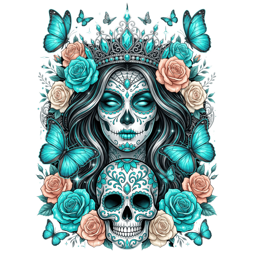 Turquoise Sugar Skull Queen Butterfly T-Shirt
