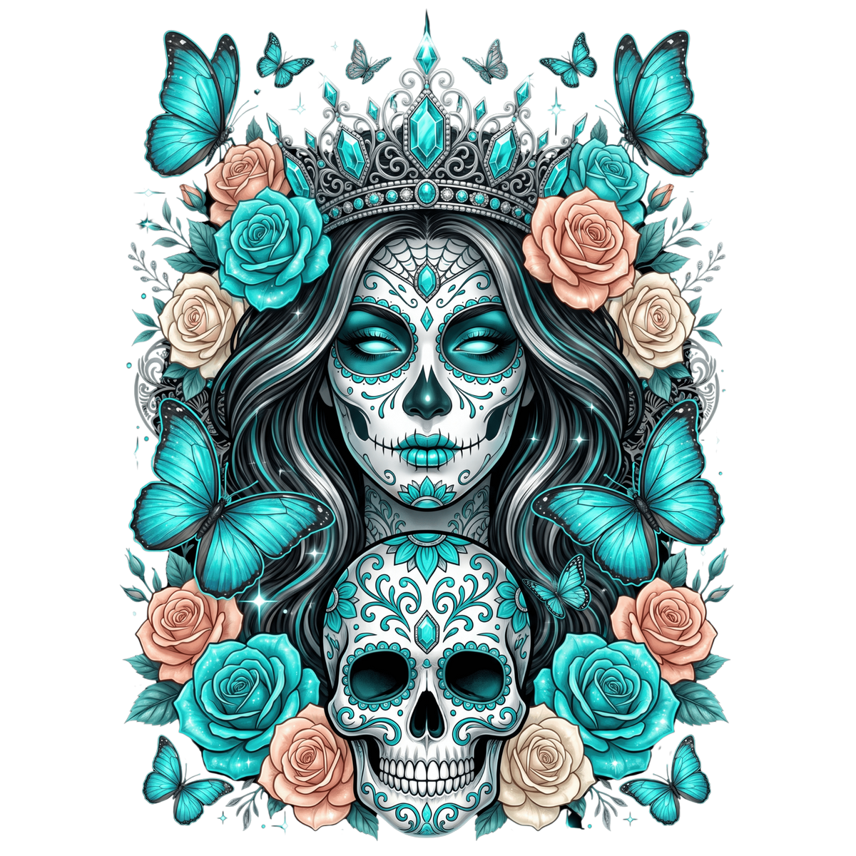 Turquoise Sugar Skull Queen Butterfly T-Shirt