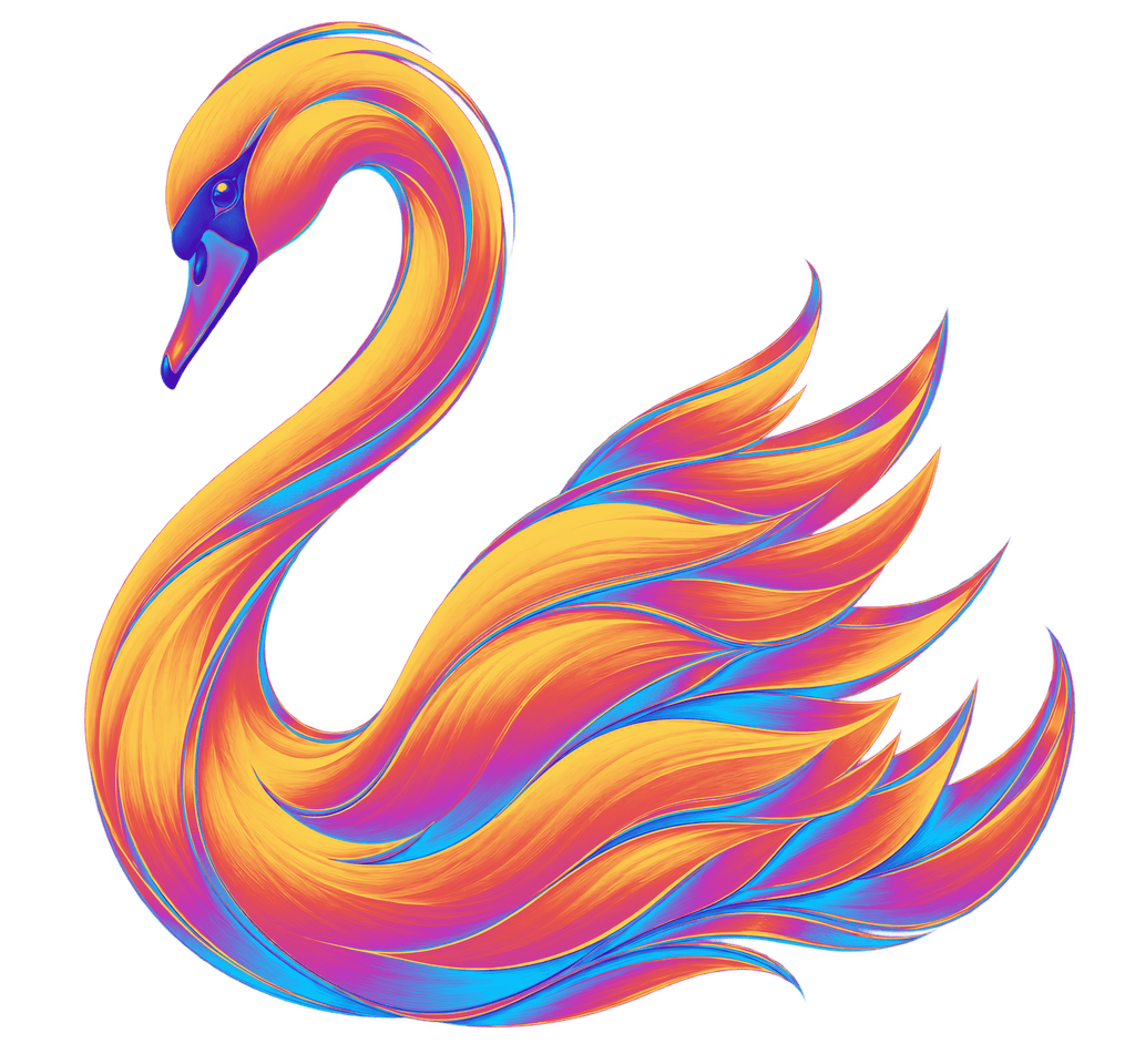 Stylized swan with flowing golden yellow, orange, pink, purple, and blue feathers.