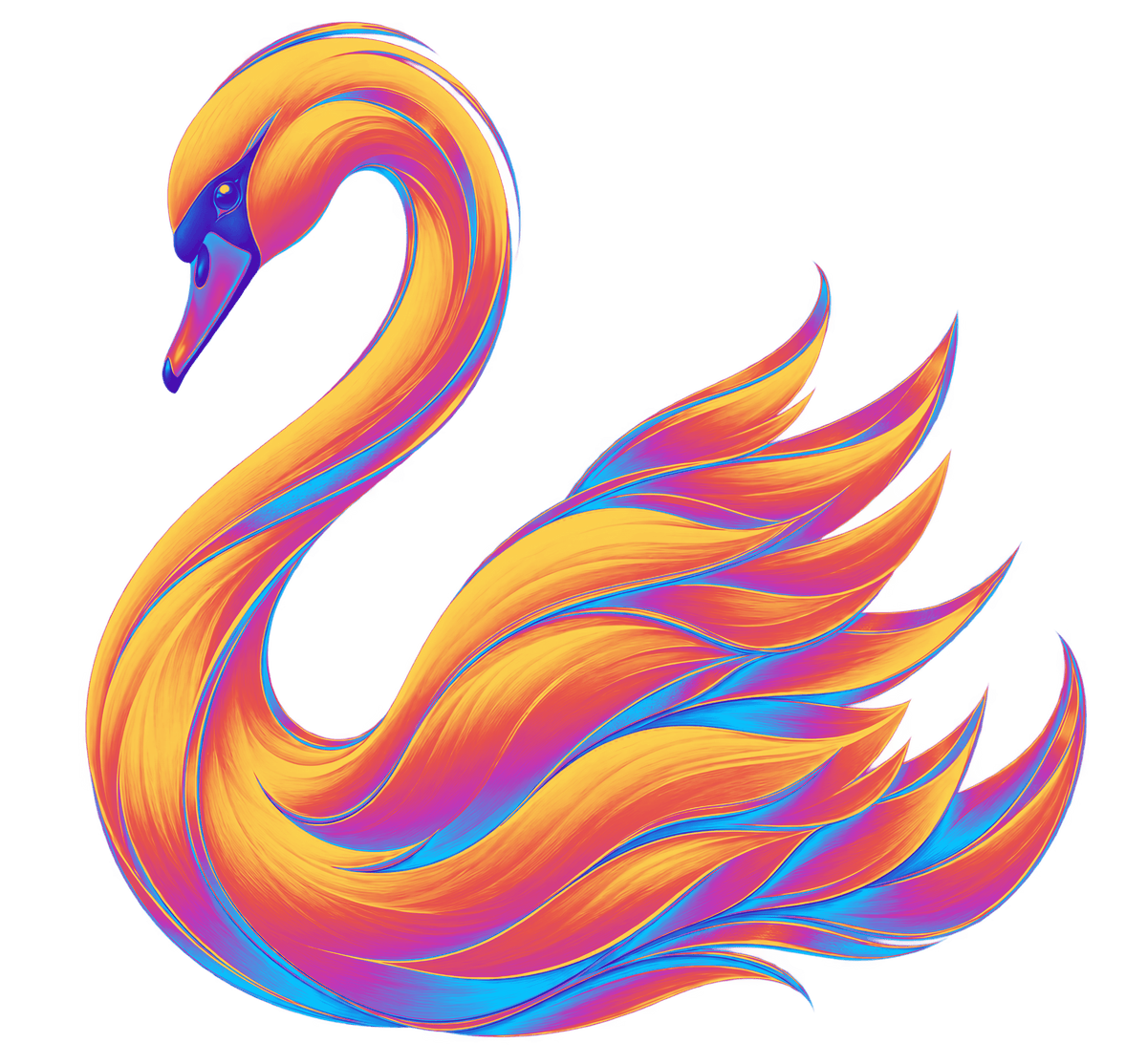 Stylized swan with flowing golden yellow, orange, pink, purple, and blue feathers.